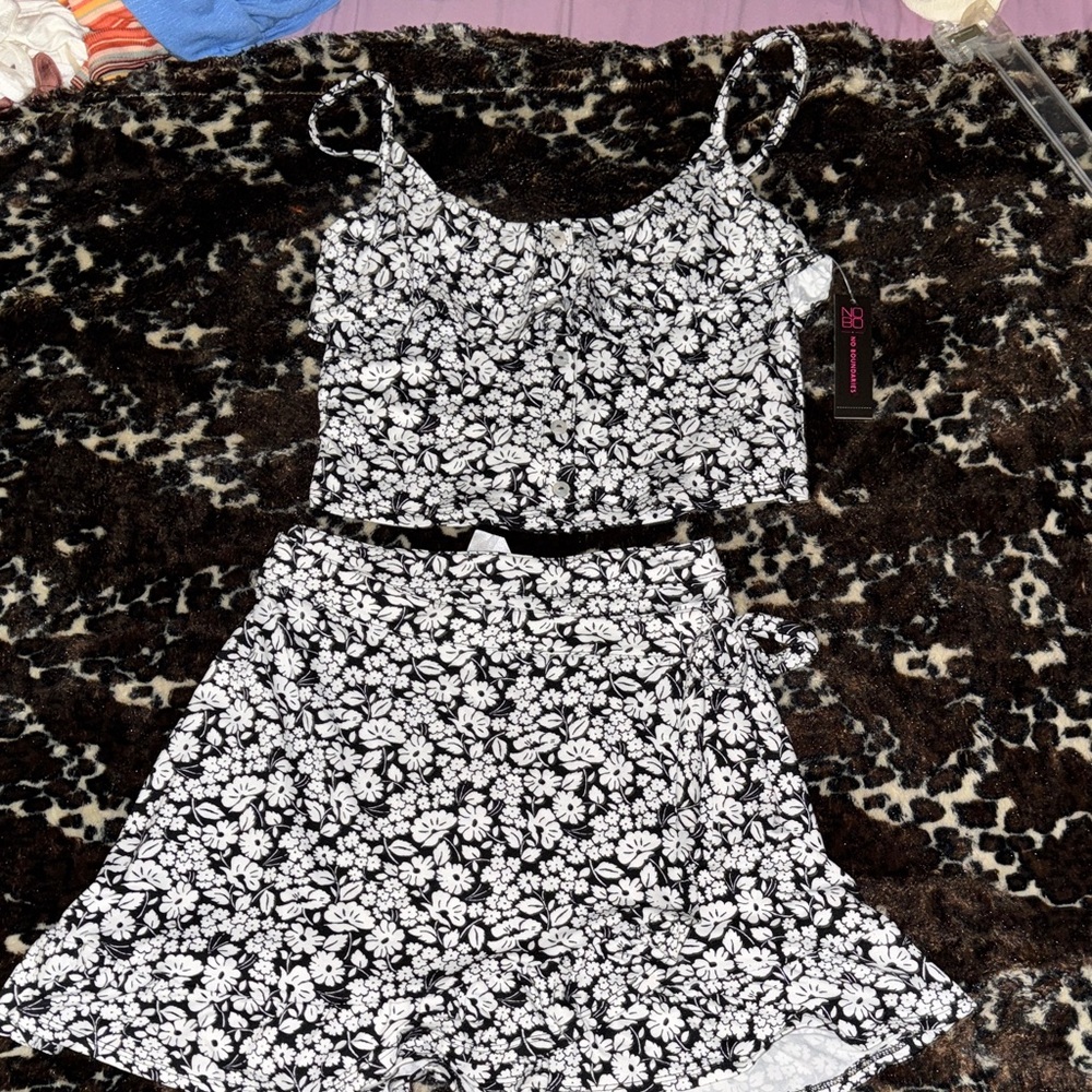 No Boundaries Black & White Floral Crop Top and Skirt Set